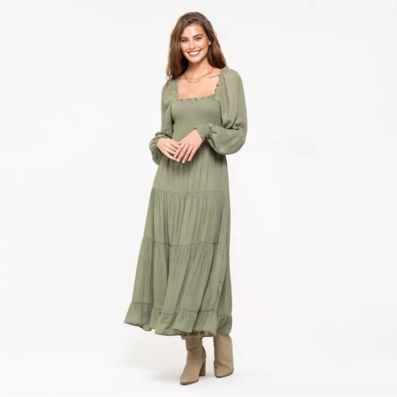 August Sky Olive Long Sleeve Maxi Dress- Small - Picture 1 of 4